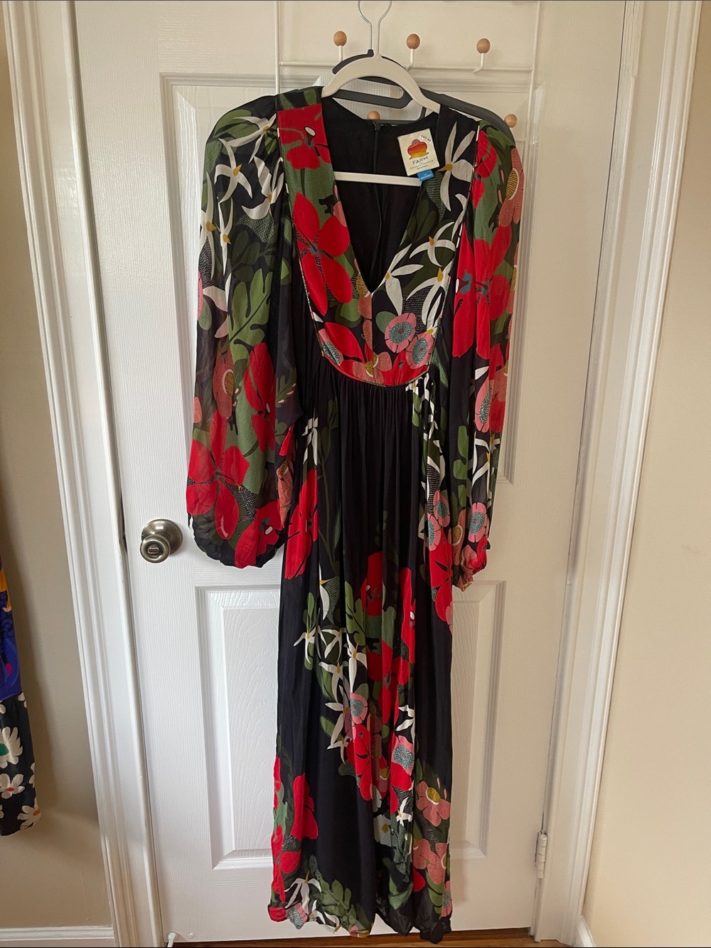 FARM Rio Black Maxi Dress with Red & Green Floral Print